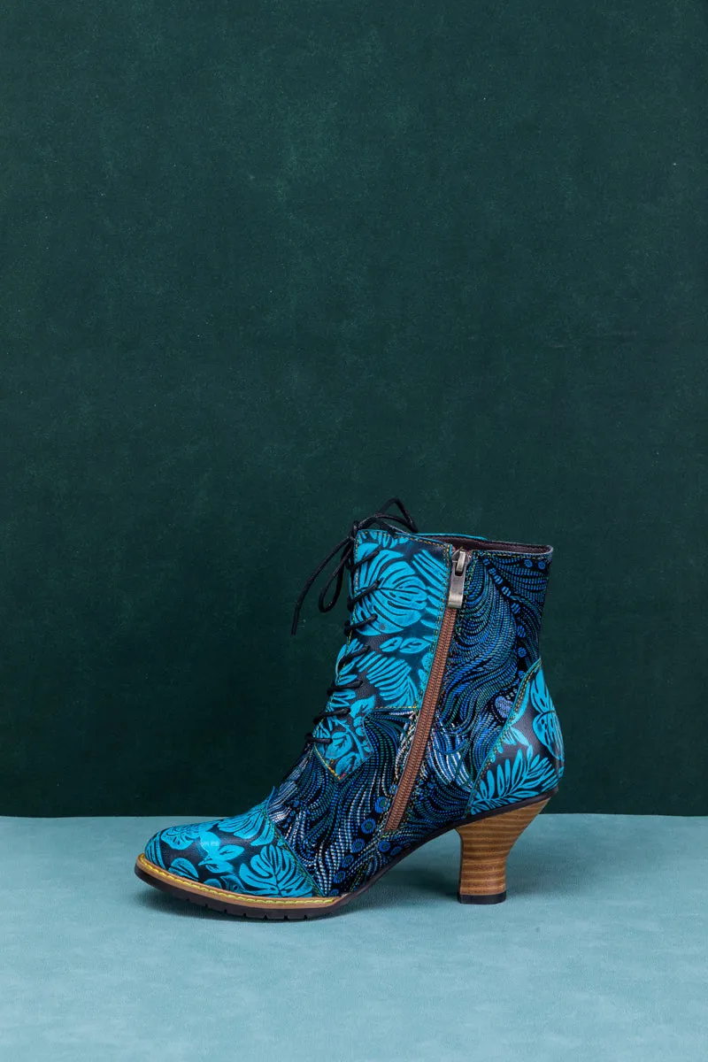 Palm Leaf Peacock Feather Leather Ankle Boot