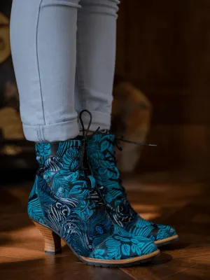 Palm Leaf Peacock Feather Leather Ankle Boot