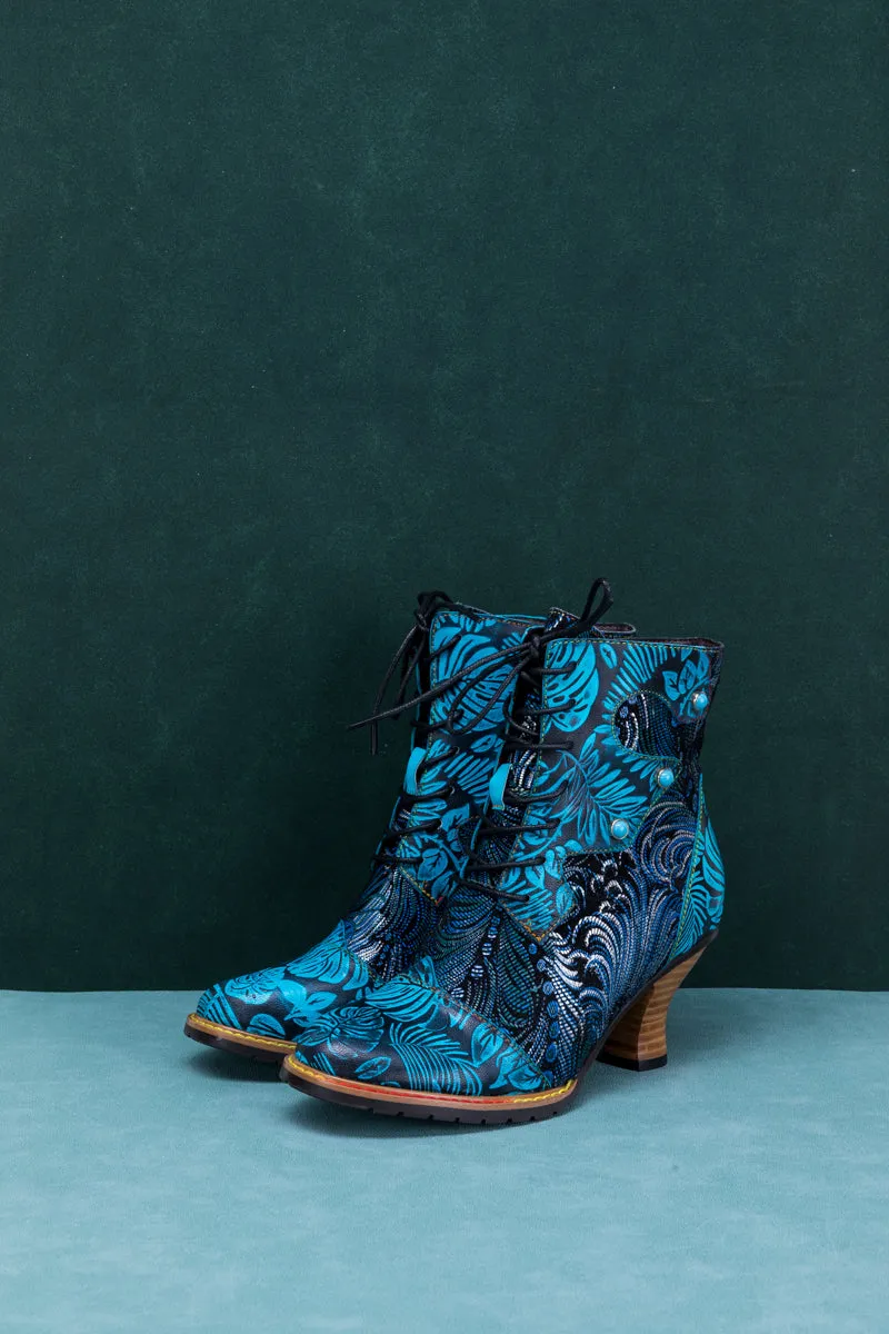 Palm Leaf Peacock Feather Leather Ankle Boot