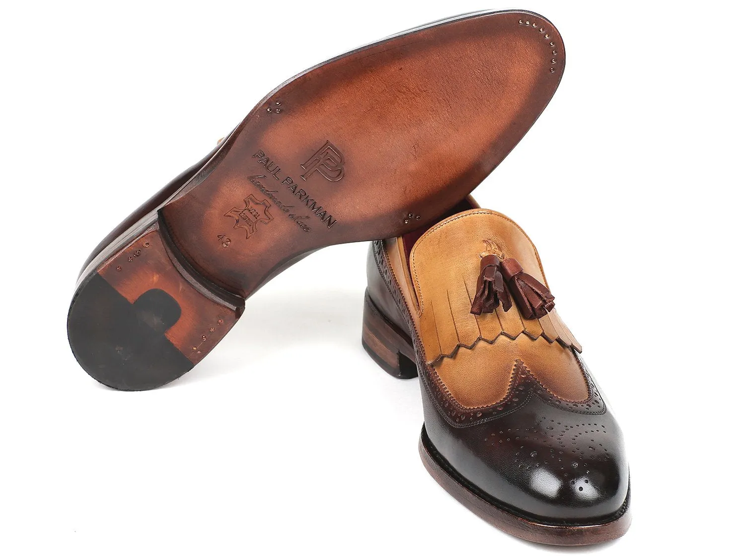 Paul Parkman Kiltie Tassel Loafers in Beige & Brown