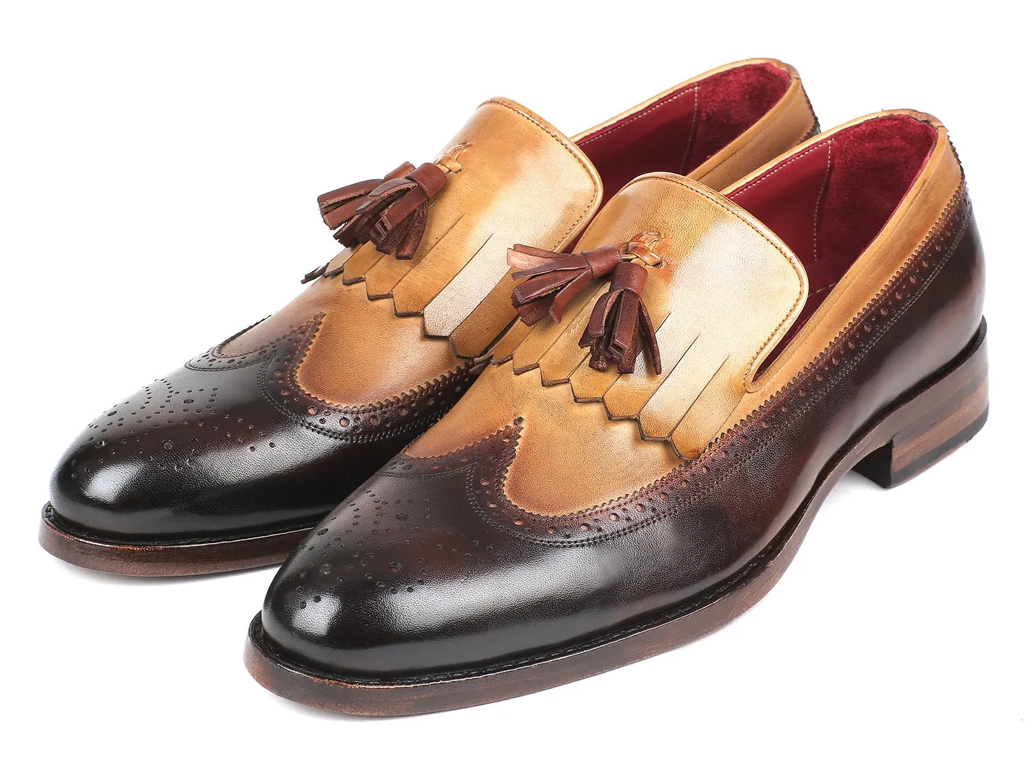 Paul Parkman Kiltie Tassel Loafers in Beige & Brown