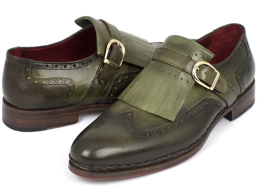 Paul Parkman Men's Hand-Painted Wingtip Monkstrap Brogues in Green