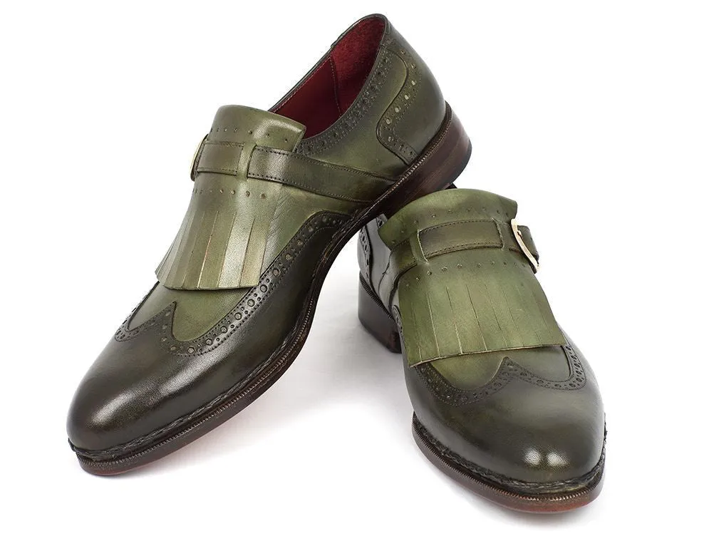 Paul Parkman Men's Hand-Painted Wingtip Monkstrap Brogues in Green