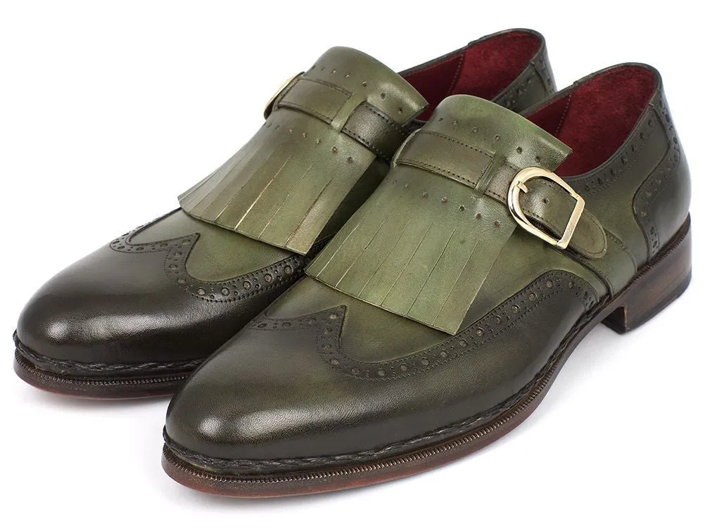 Paul Parkman Men's Hand-Painted Wingtip Monkstrap Brogues in Green
