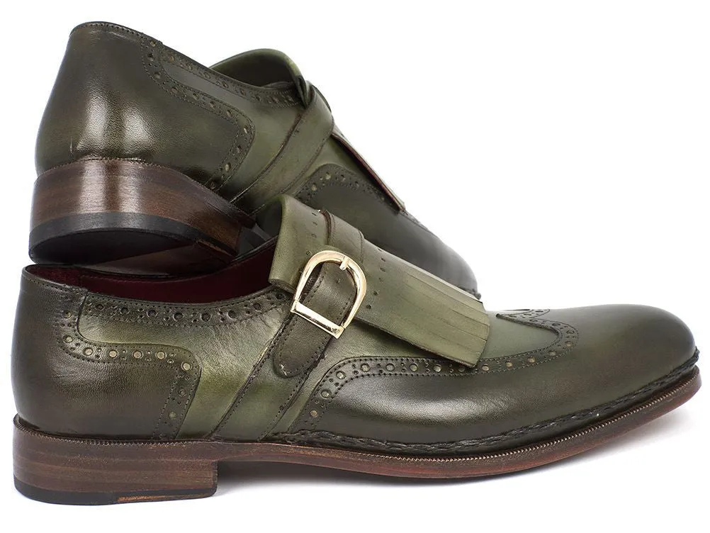 Paul Parkman Men's Hand-Painted Wingtip Monkstrap Brogues in Green