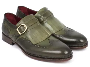 Paul Parkman Men's Hand-Painted Wingtip Monkstrap Brogues in Green