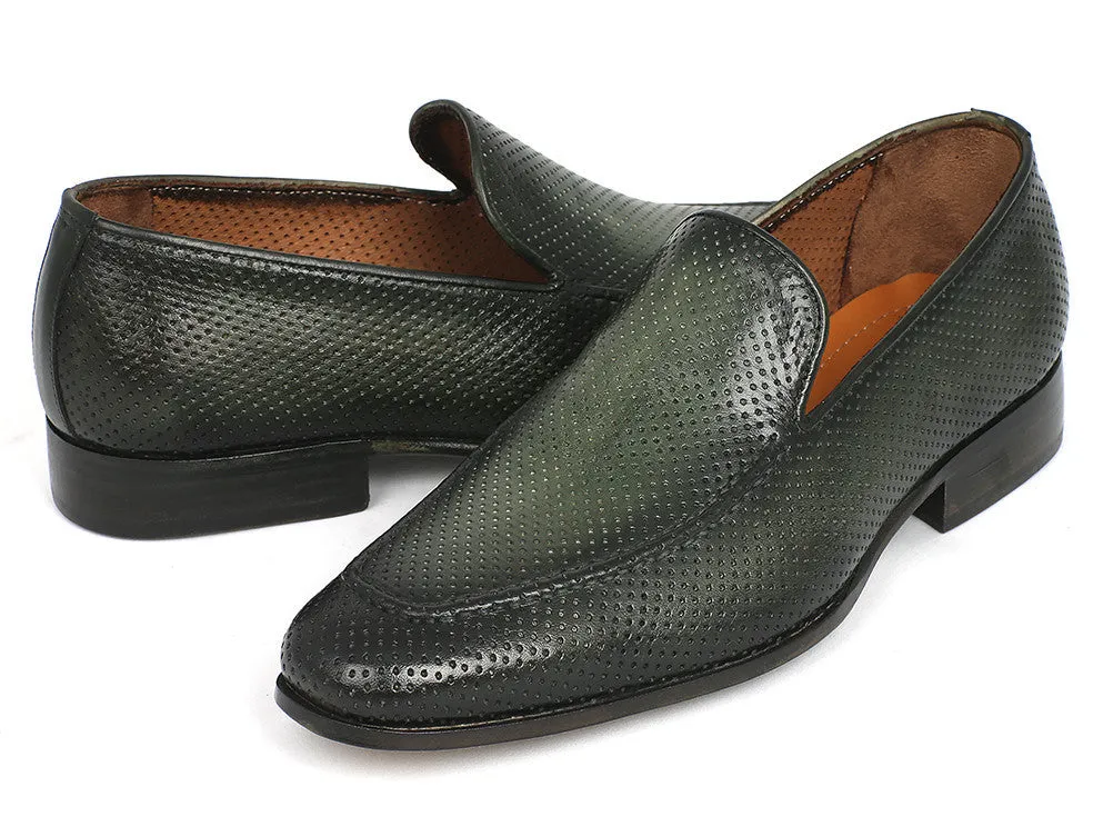 Paul Parkman Men's Perforated Leather Loafers in Green
