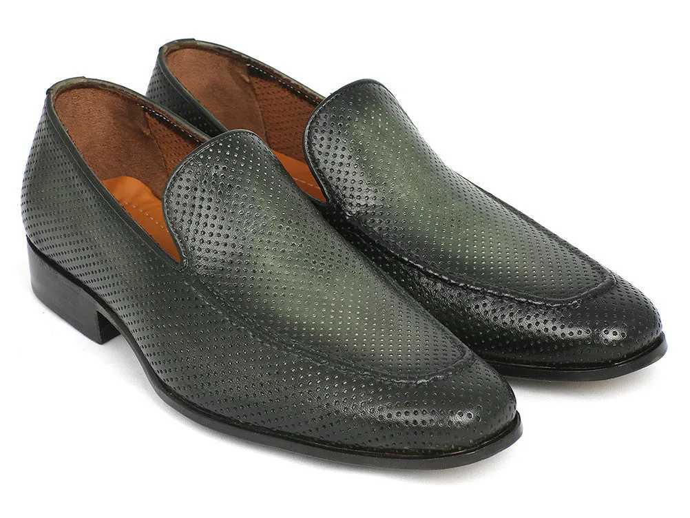 Paul Parkman Men's Perforated Leather Loafers in Green