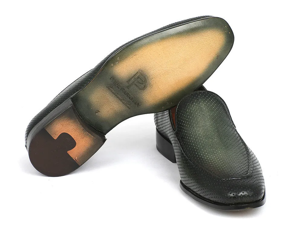 Paul Parkman Men's Perforated Leather Loafers in Green