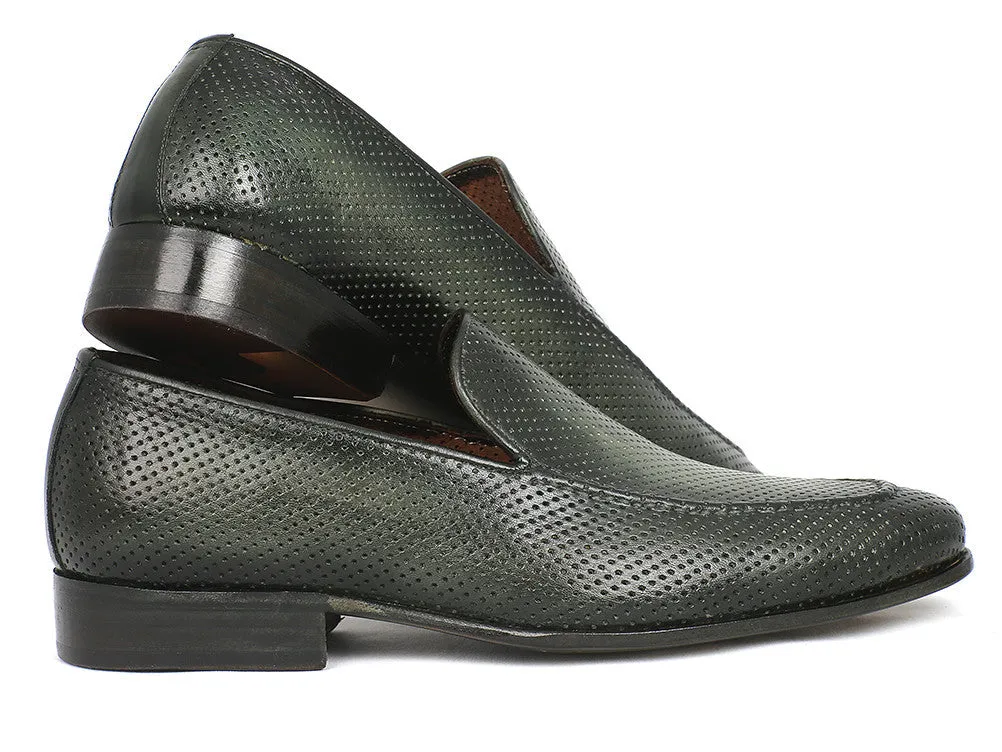 Paul Parkman Men's Perforated Leather Loafers in Green