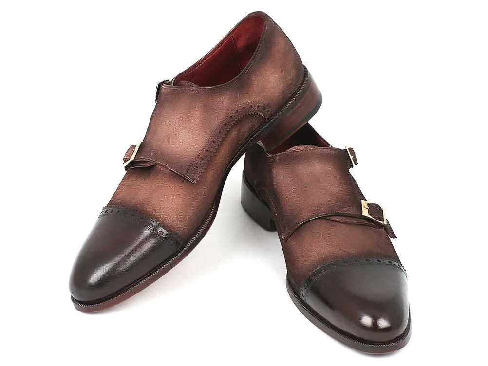 Paul Parkman Men's Suede Double Monkstraps in Brown & Beige