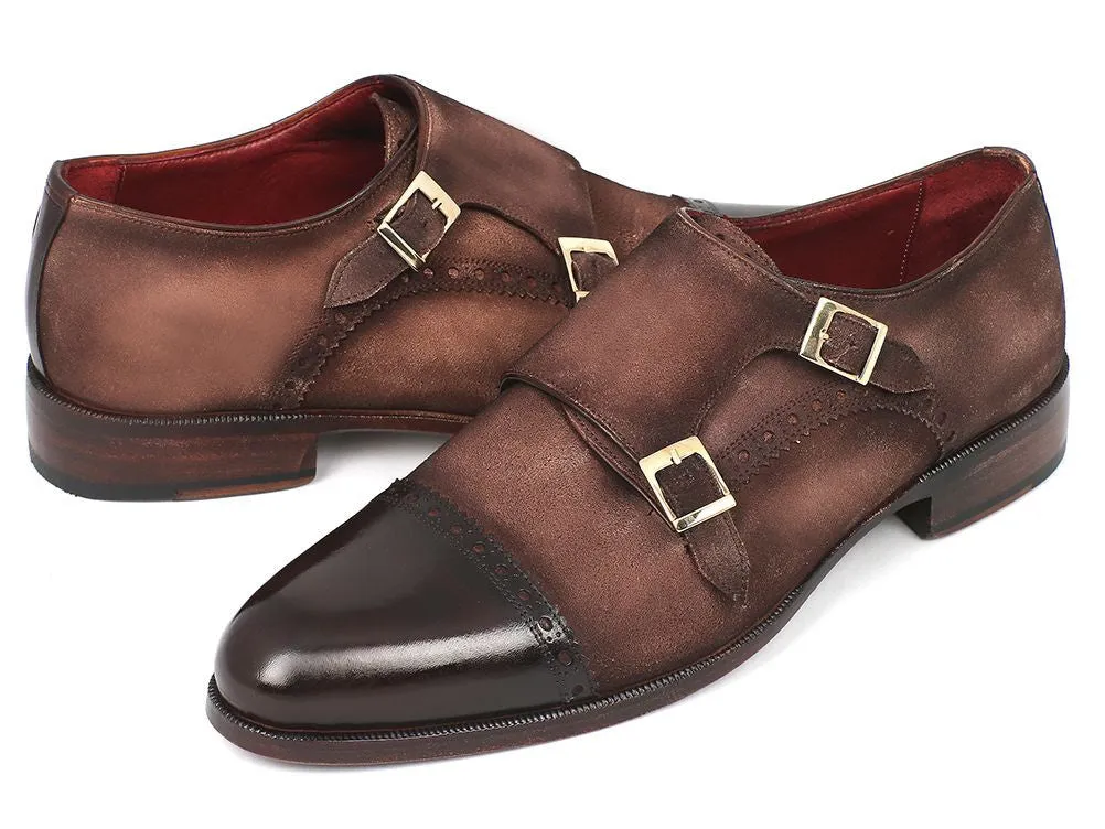 Paul Parkman Men's Suede Double Monkstraps in Brown & Beige