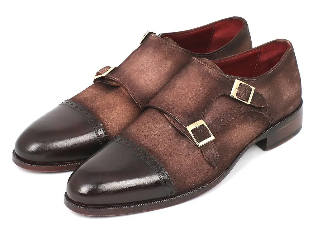 Paul Parkman Men's Suede Double Monkstraps in Brown & Beige