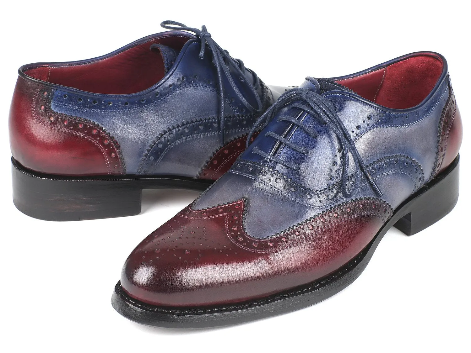 Paul Parkman Men's Wingtip Oxfords Goodyear Welted in Bordeaux, Grey & Blue