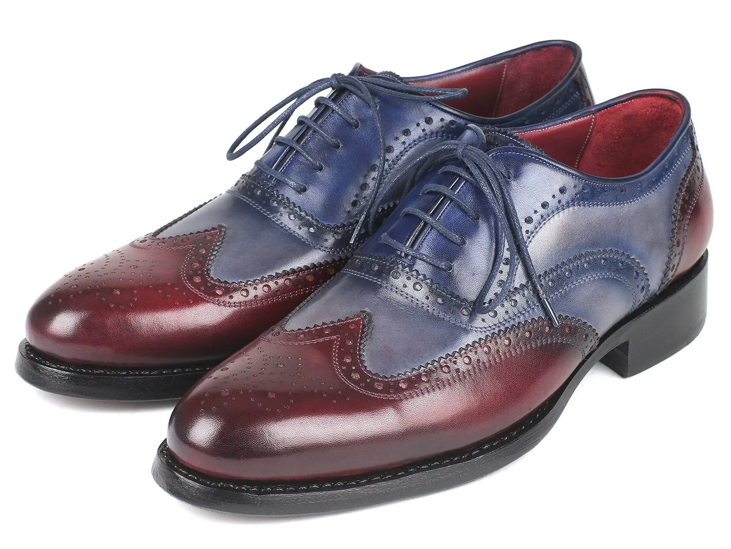 Paul Parkman Men's Wingtip Oxfords Goodyear Welted in Bordeaux, Grey & Blue