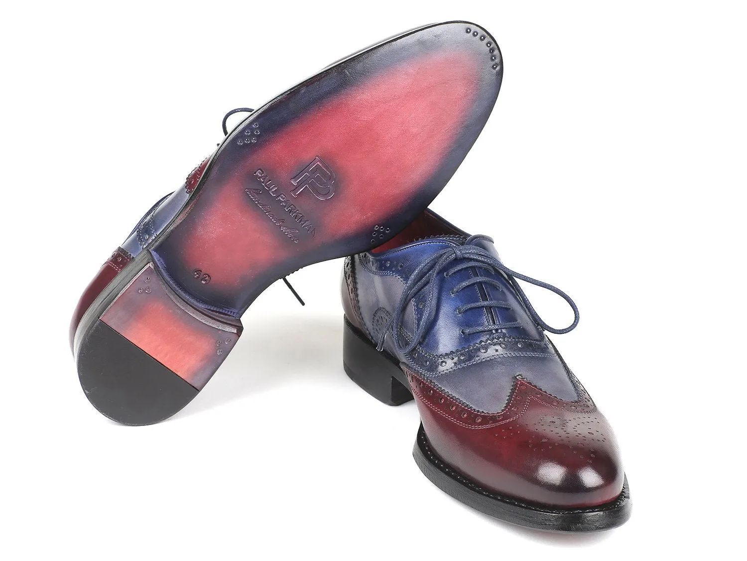 Paul Parkman Men's Wingtip Oxfords Goodyear Welted in Bordeaux, Grey & Blue
