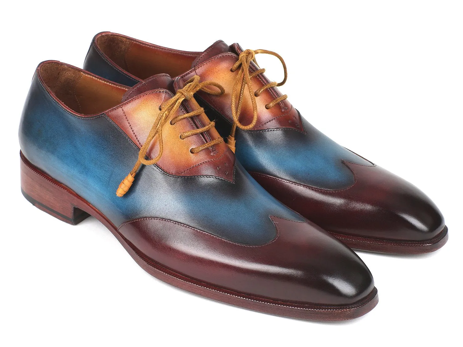 Paul Parkman Wingtip Leather Oxfords in Bordeaux, Blue & Camel