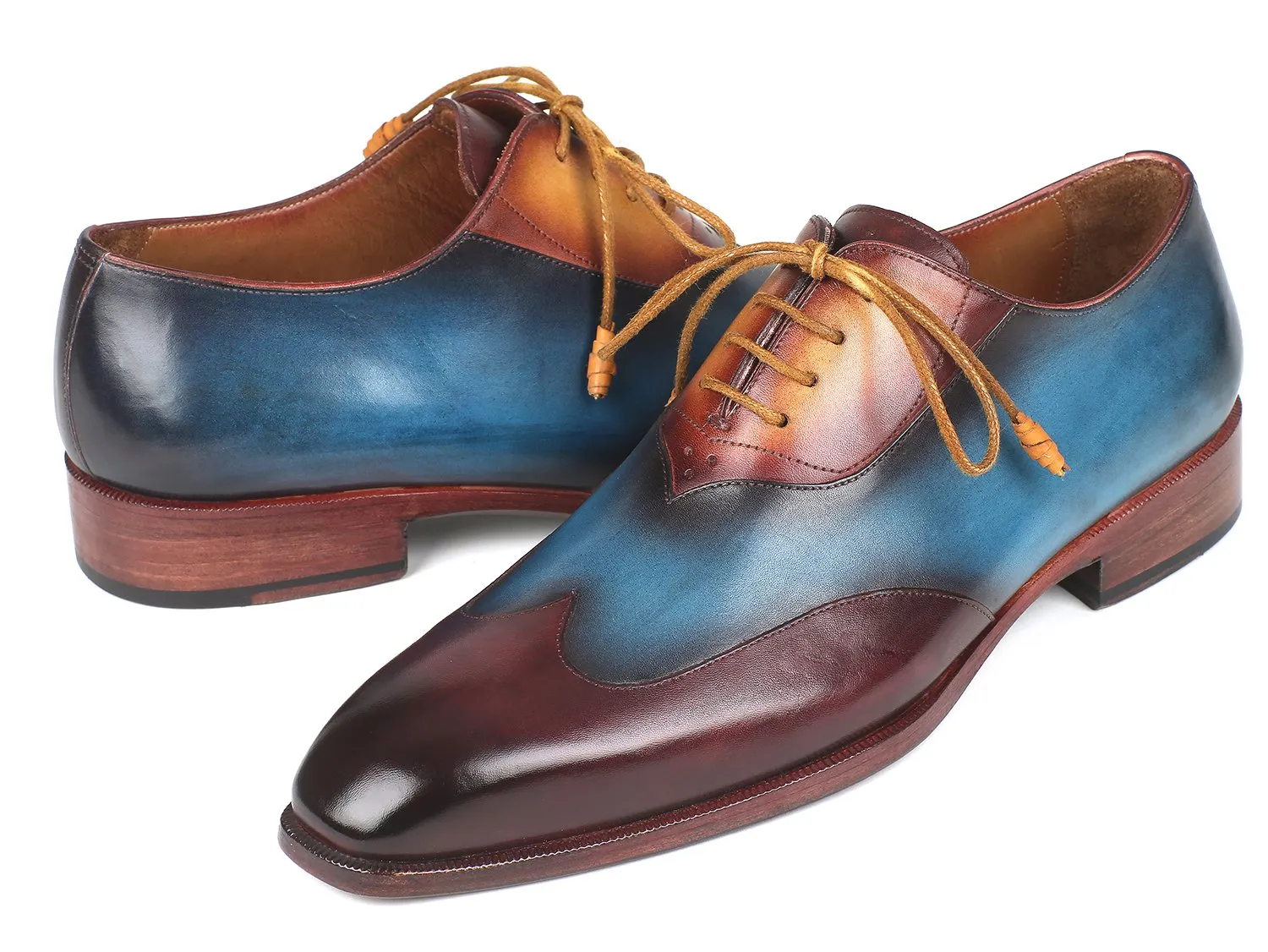 Paul Parkman Wingtip Leather Oxfords in Bordeaux, Blue & Camel