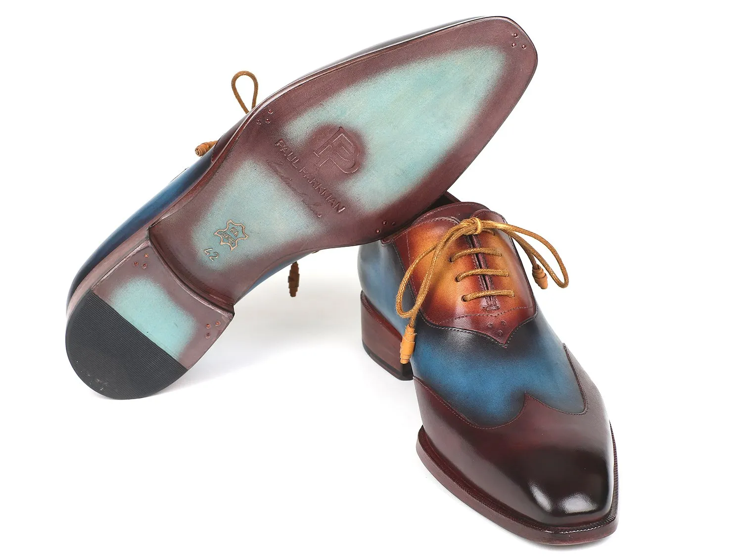 Paul Parkman Wingtip Leather Oxfords in Bordeaux, Blue & Camel