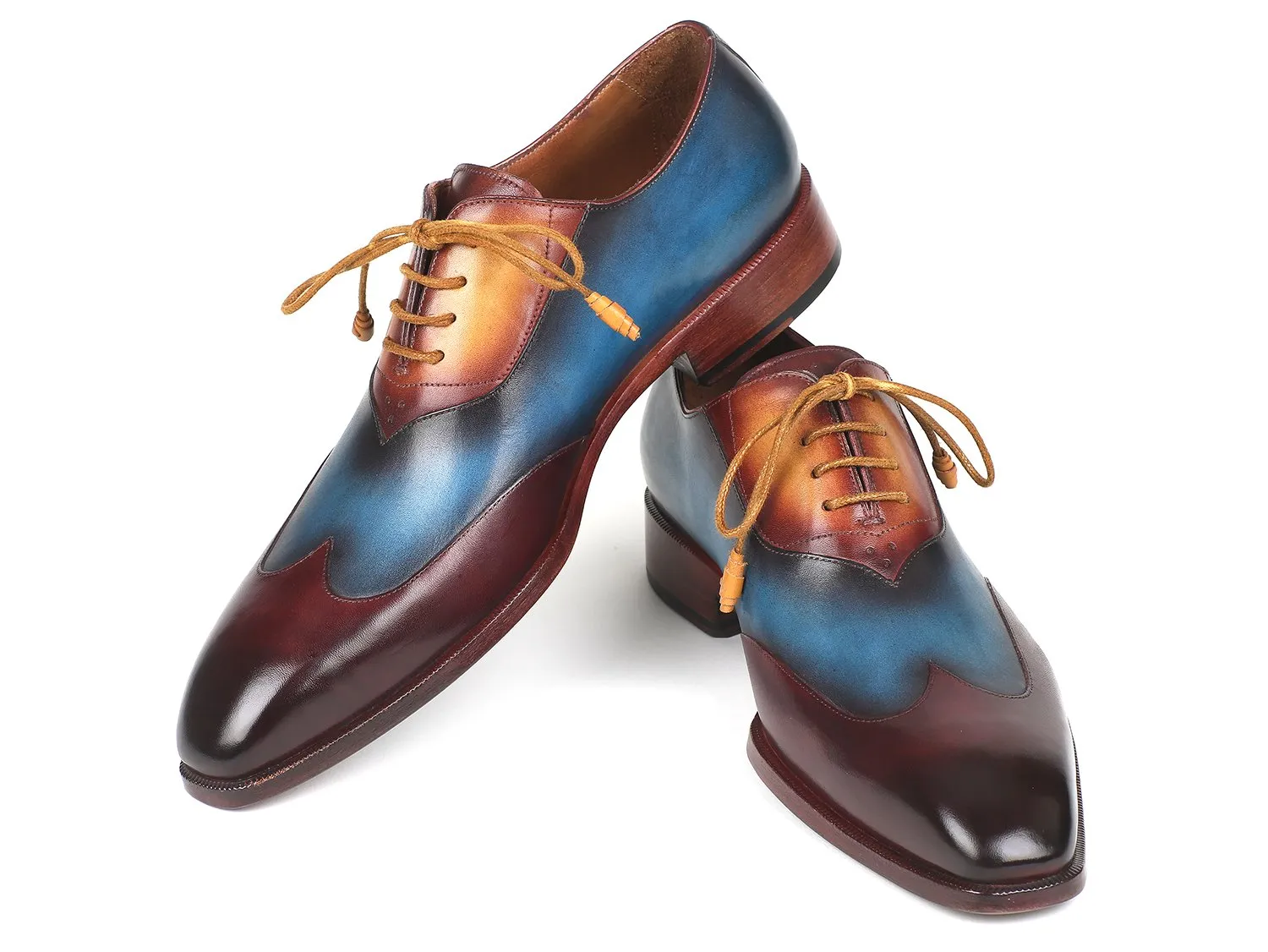 Paul Parkman Wingtip Leather Oxfords in Bordeaux, Blue & Camel