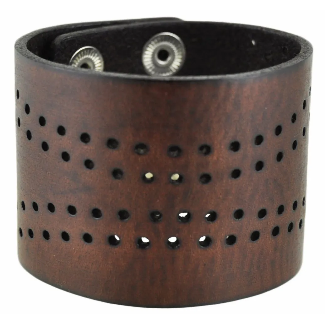 Perforated Dots Dark Brown Leather Wide Snap On Cuff