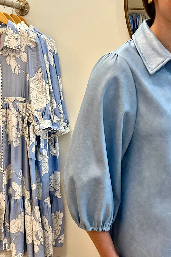 Perforated Leather Dress in Blue Bird