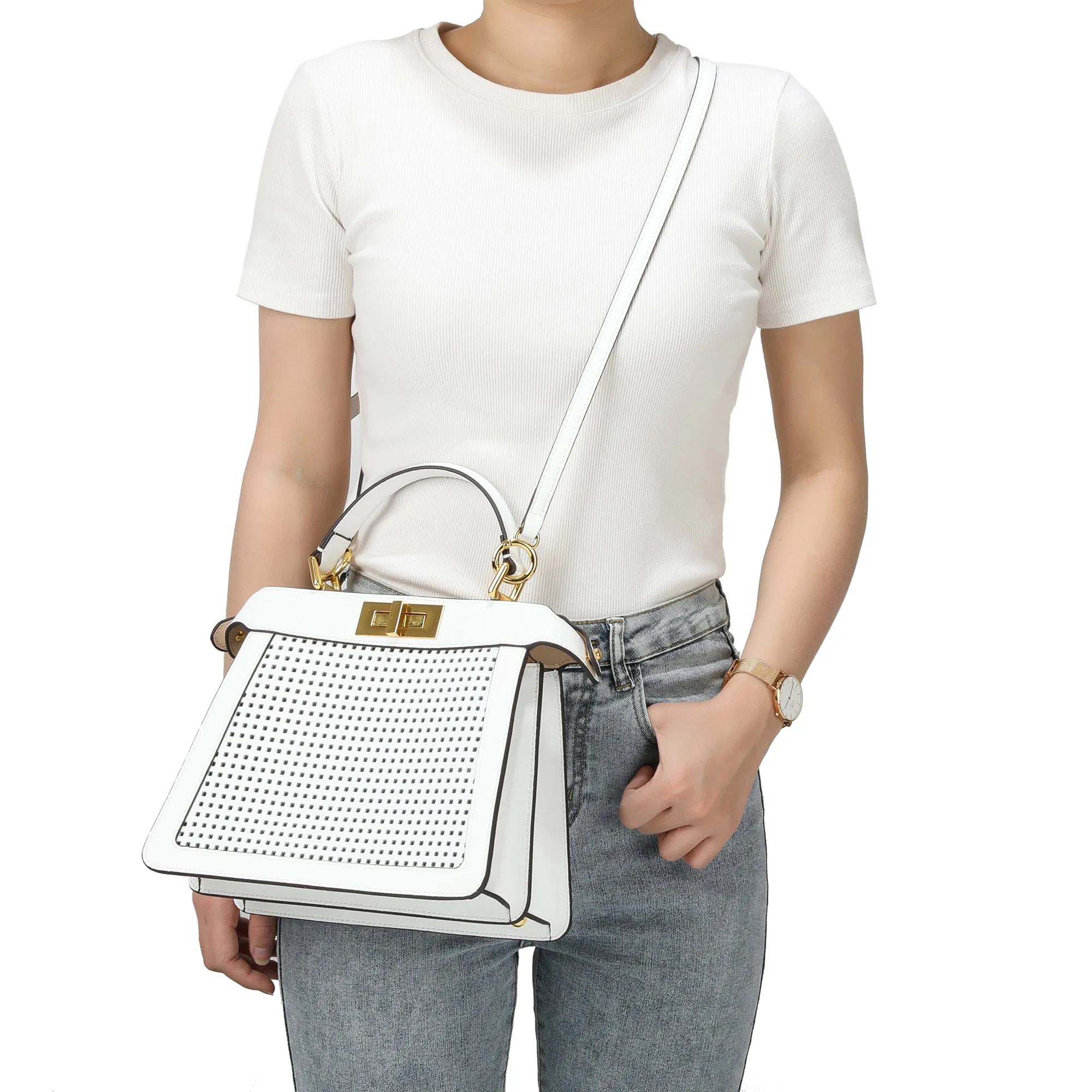 Perforated Smooth Leather Top-Handle Bag