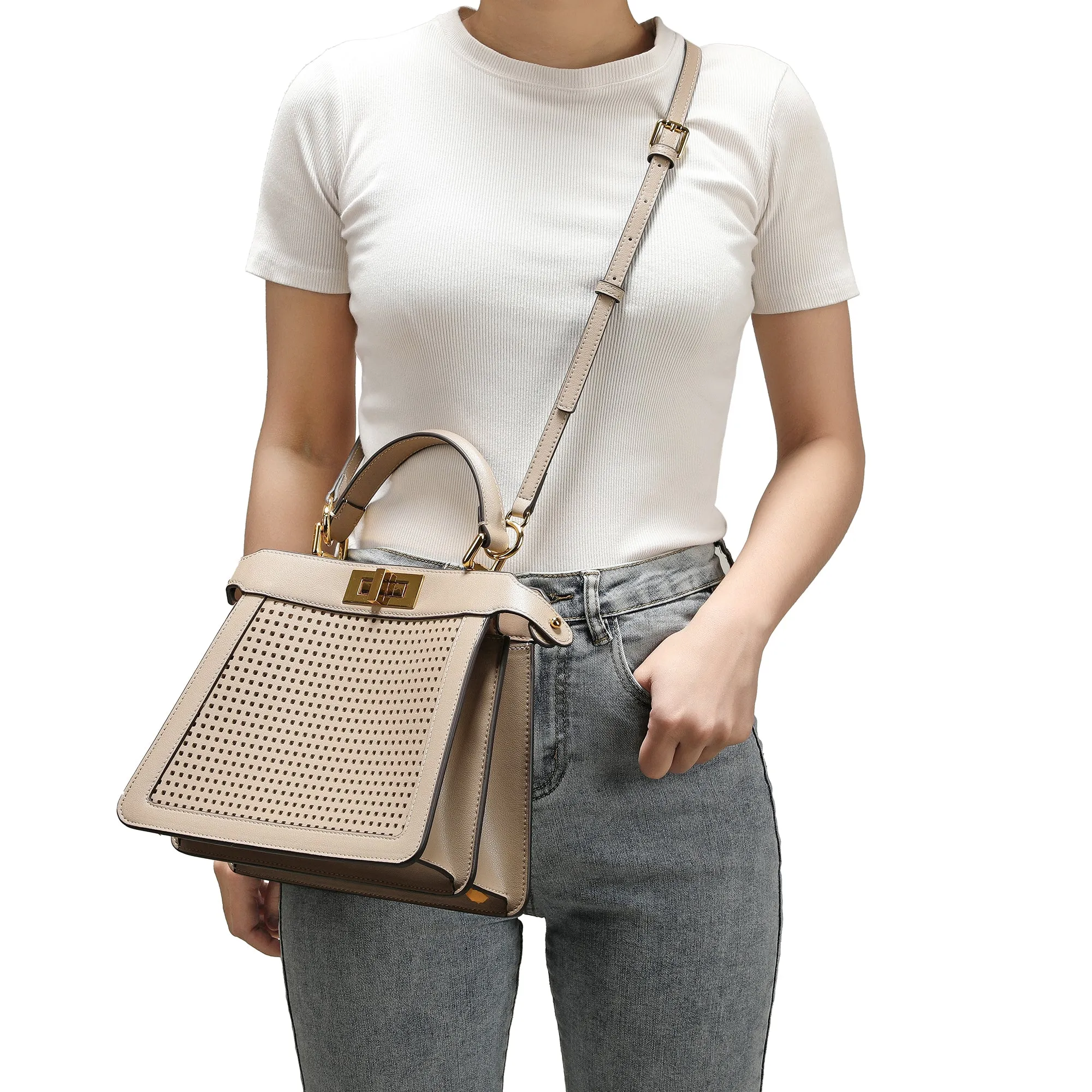 Perforated Smooth Leather Top-Handle Bag