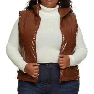 Plus Size Solid Brown Faux Patent Leather Puffer Vest