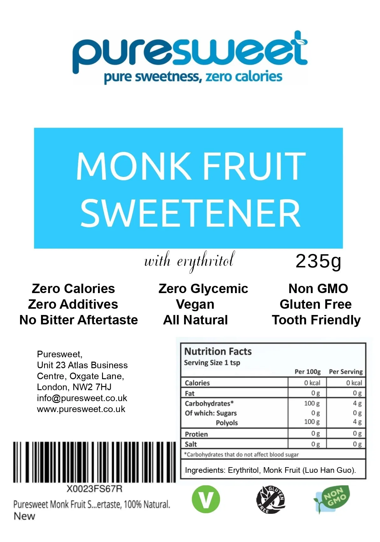 Puresweet Monk Fruit Sweetener 235g