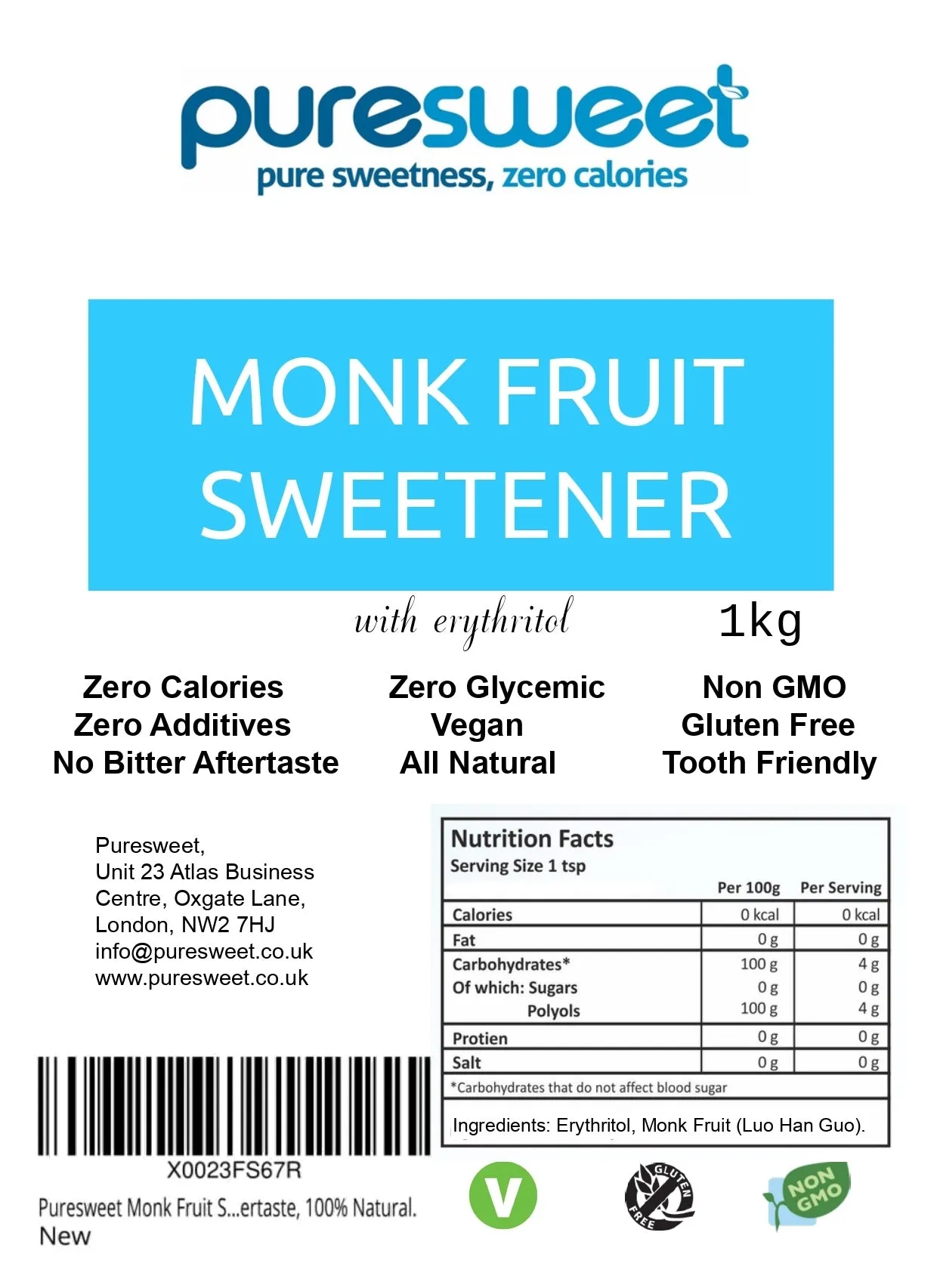 Puresweet® Natural Monk Fruit Sweetener Zero Calories 1kg