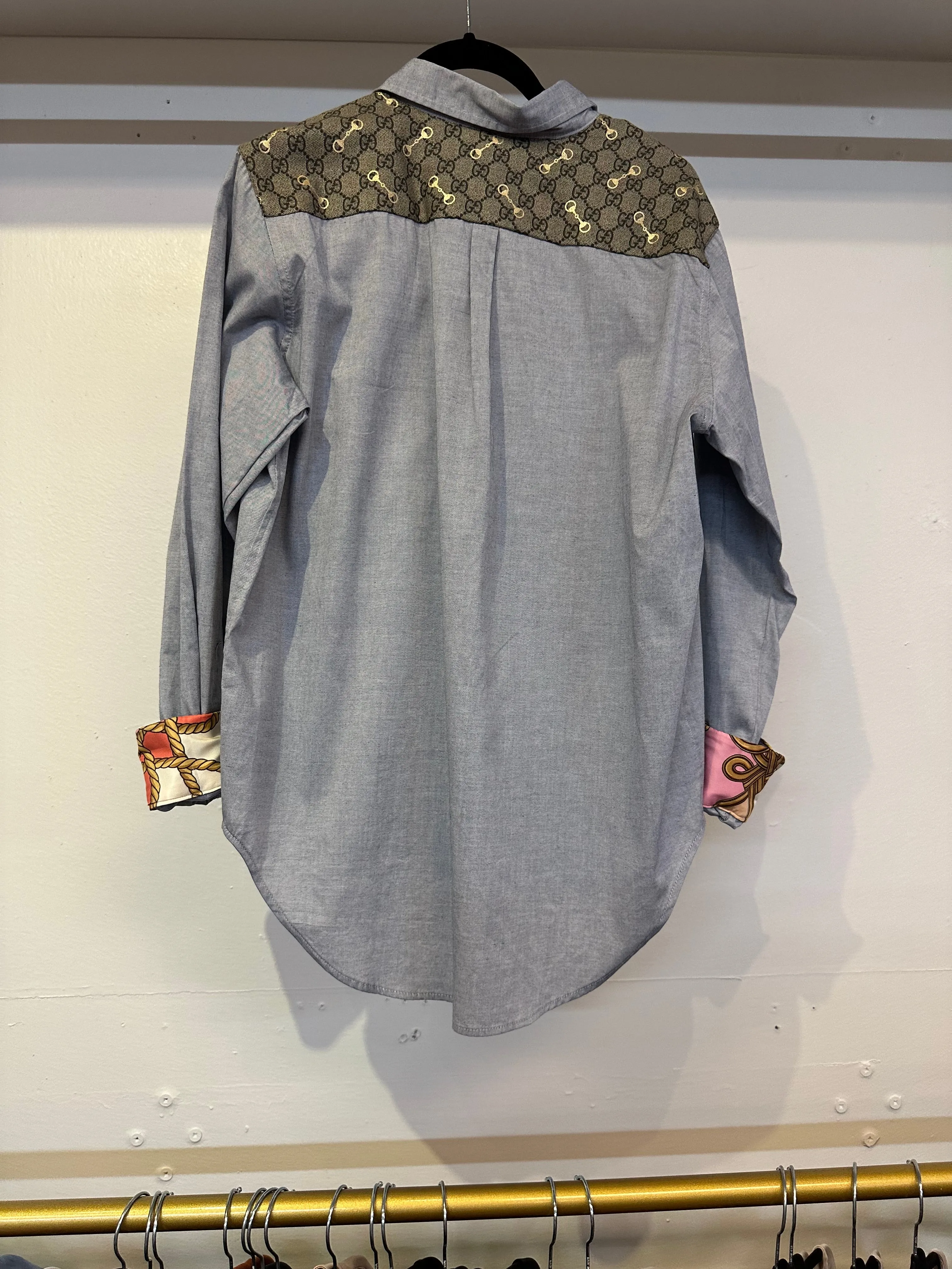 Repurposed Scarf Button Down - Blue Oxford with Pink Pocket