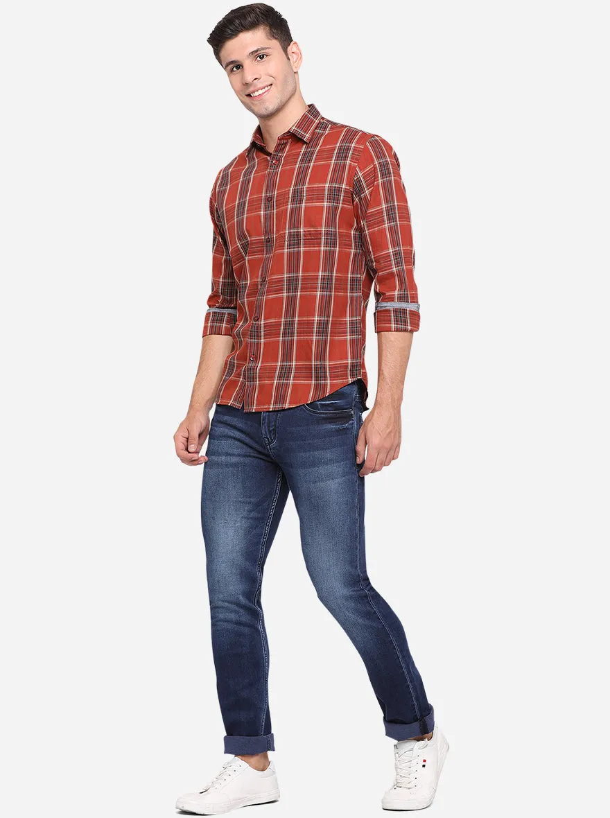Russet Brown Checked Slim Fit Casual Shirt | Greenfibre