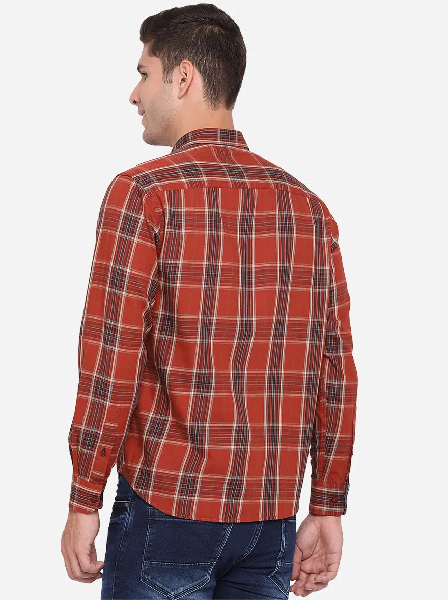 Russet Brown Checked Slim Fit Casual Shirt | Greenfibre