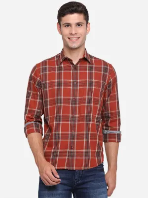 Russet Brown Checked Slim Fit Casual Shirt | Greenfibre