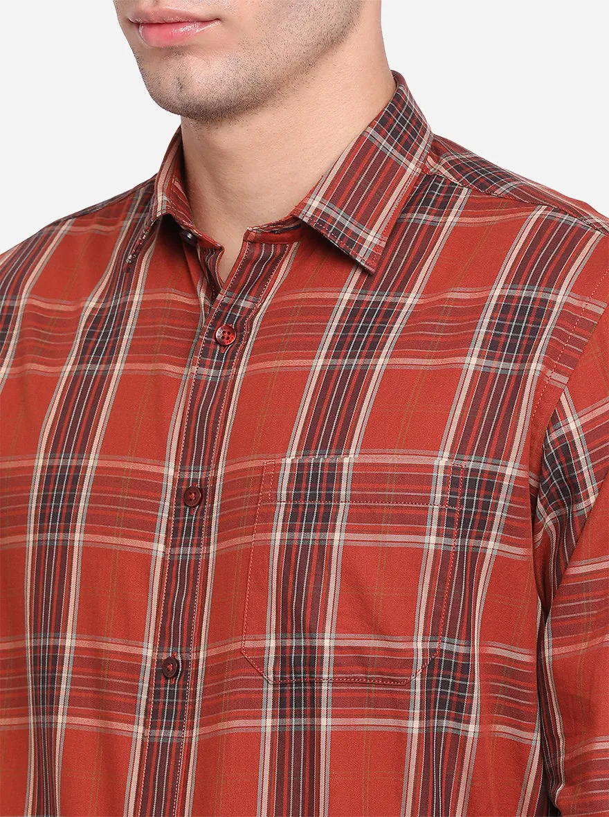 Russet Brown Checked Slim Fit Casual Shirt | Greenfibre