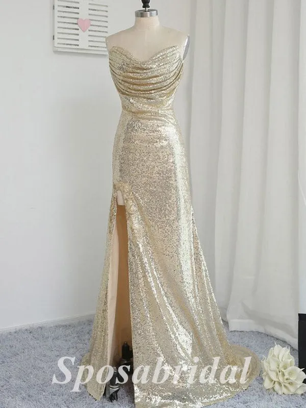 Sexy Sequin Sweetheart V-Neck Sleeveless Side Slit Mermaid Long Prom Dresses,PD3654
