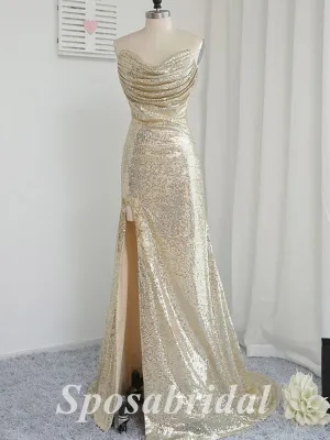 Sexy Sequin Sweetheart V-Neck Sleeveless Side Slit Mermaid Long Prom Dresses,PD3654