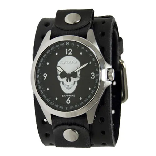 Skull Black Sapphire Watch with Perforated Black Leather Cuff
