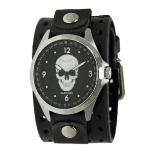 Skull Black Sapphire Watch with Perforated Black Leather Cuff