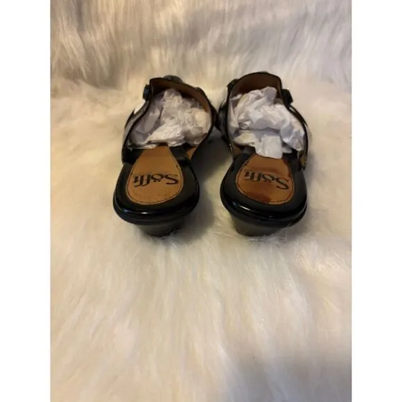 Sofft Black Patent Leather Large Blue/Black Stones Kitten Heel Sz 8 NEW
