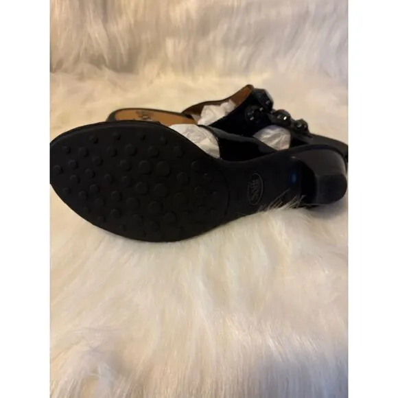 Sofft Black Patent Leather Large Blue/Black Stones Kitten Heel Sz 8 NEW
