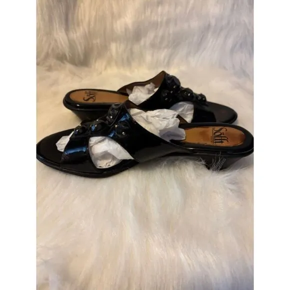 Sofft Black Patent Leather Large Blue/Black Stones Kitten Heel Sz 8 NEW