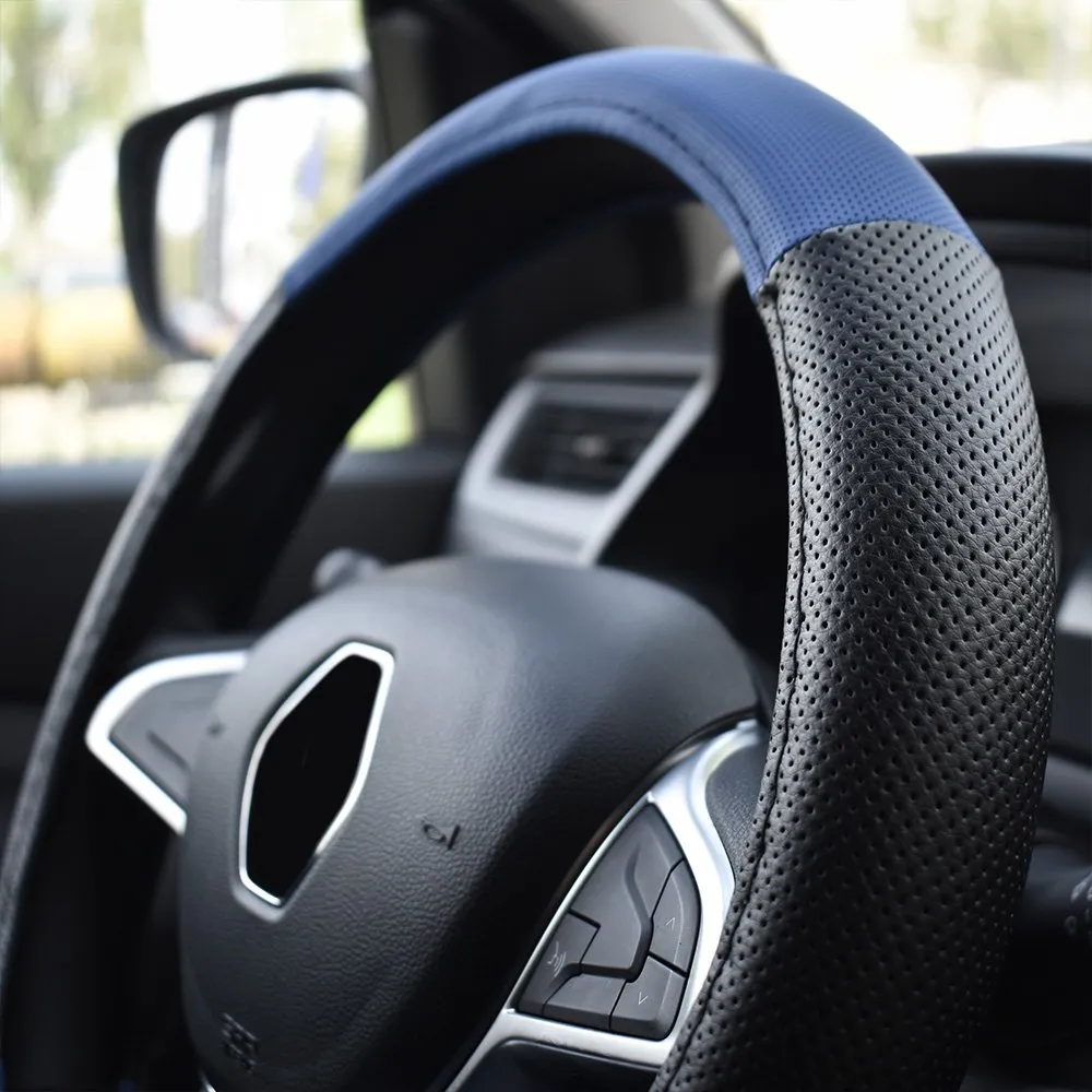Steering Wheel Cover Umbrella Perforated Leather, Black - Blue, 37 - 39cm