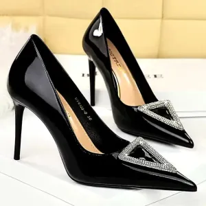 Super high heel shoes with patent leather shallow mouth pointy side hollowed-out rhinestone buckle super high heel women's shoes