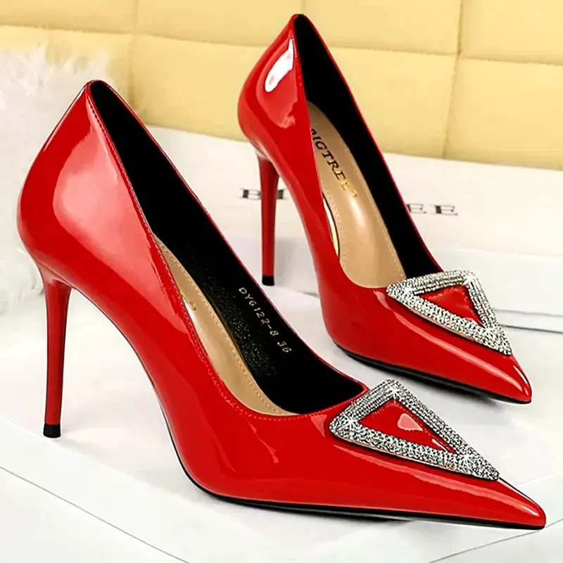 Super high heel shoes with patent leather shallow mouth pointy side hollowed-out rhinestone buckle super high heel women's shoes