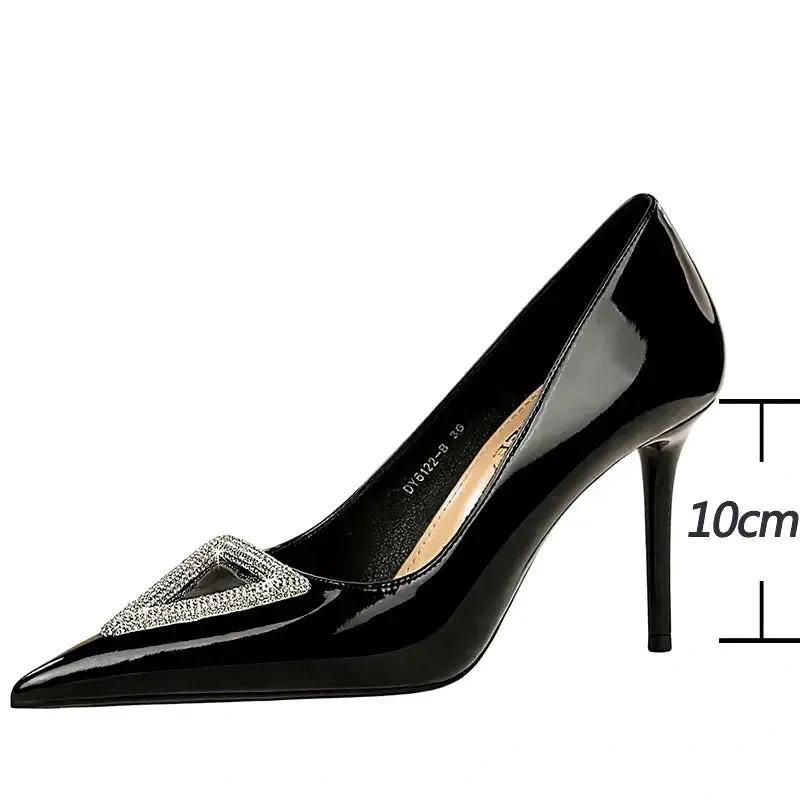 Super high heel shoes with patent leather shallow mouth pointy side hollowed-out rhinestone buckle super high heel women's shoes