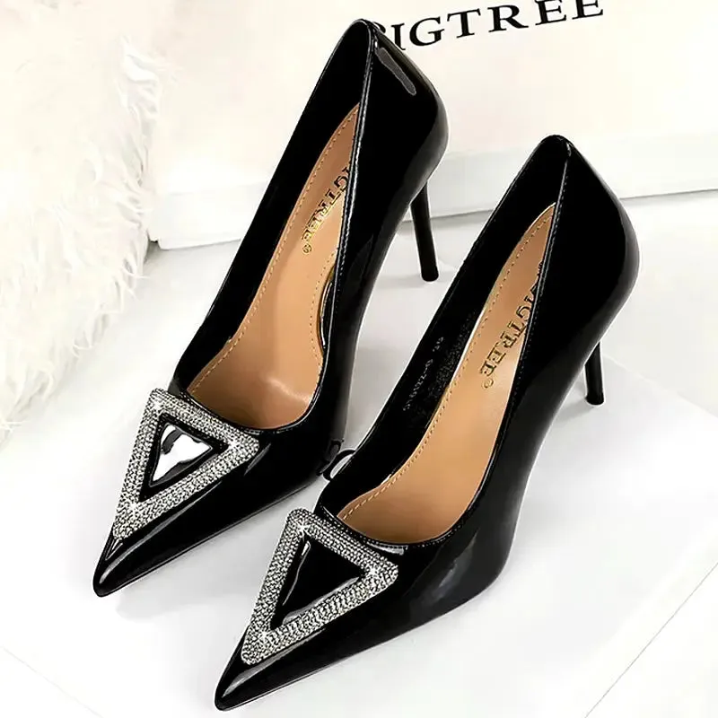 Super high heel shoes with patent leather shallow mouth pointy side hollowed-out rhinestone buckle super high heel women's shoes