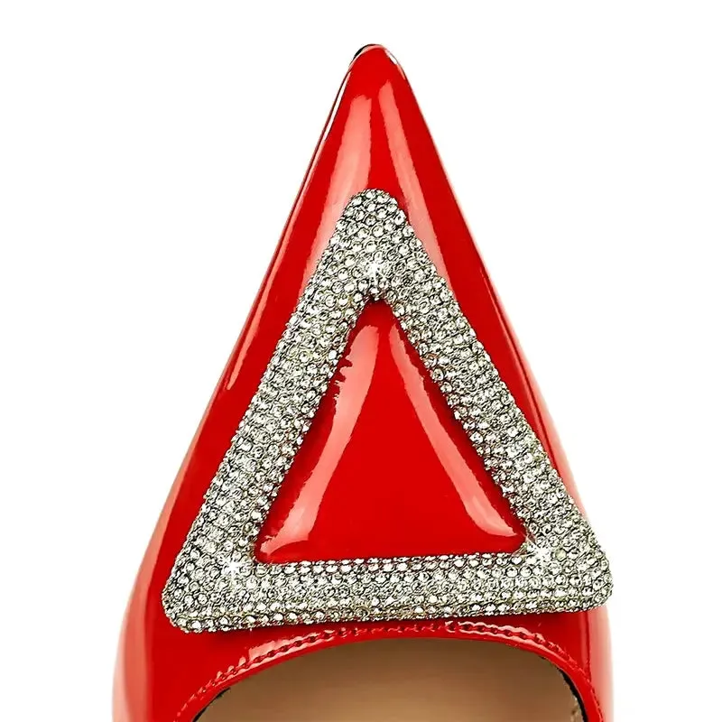 Super high heel shoes with patent leather shallow mouth pointy side hollowed-out rhinestone buckle super high heel women's shoes
