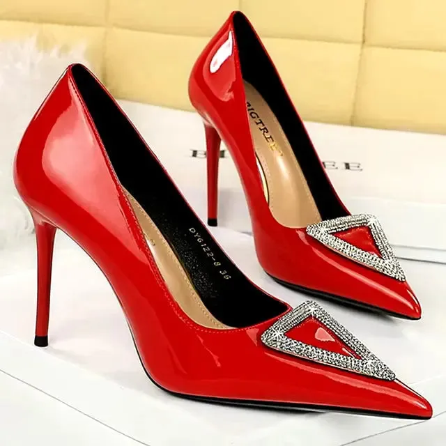 Super high heel shoes with patent leather shallow mouth pointy side hollowed-out rhinestone buckle super high heel women's shoes